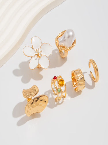 Bailey Floral Pearl Stack Rings(Set of 6)