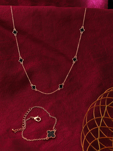 Grace Black Clover Charm Necklace and Bracelet Set