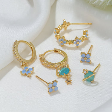 Aqua Blue Bloom Earring Set (for SINGLE EAR ONLY) | 18K Plated