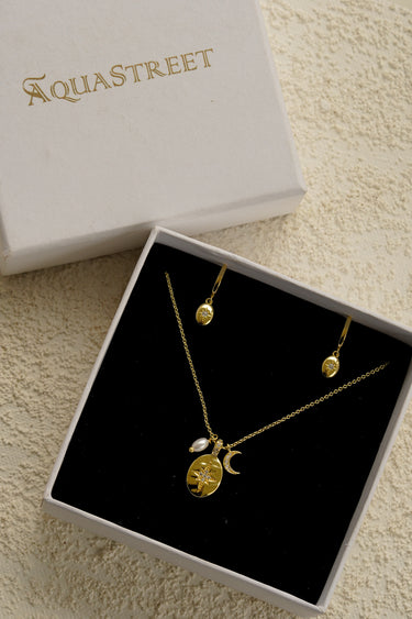 Celestial Charm Pendant Necklace and Earrings Set | 18K Plated