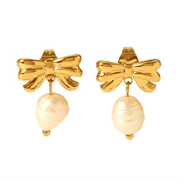Femina Bow Pearl Drop Earrings | 18K Plated
