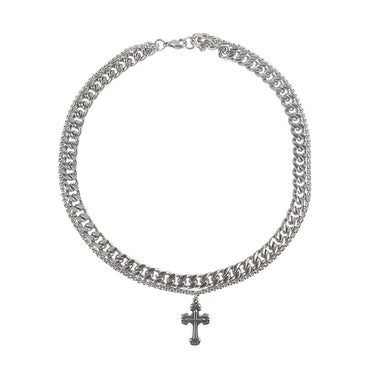 Mens Cross Pendant Double Layer Cuban Chain