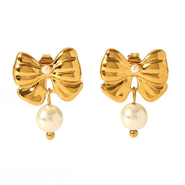 Saddie Bow Pearl Drop Earrings | 18K Plated