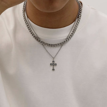Mens Cross Pendant Double Layer Cuban Chain