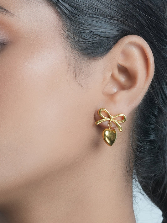 Bow Heart Drop Studs | 18K Plated