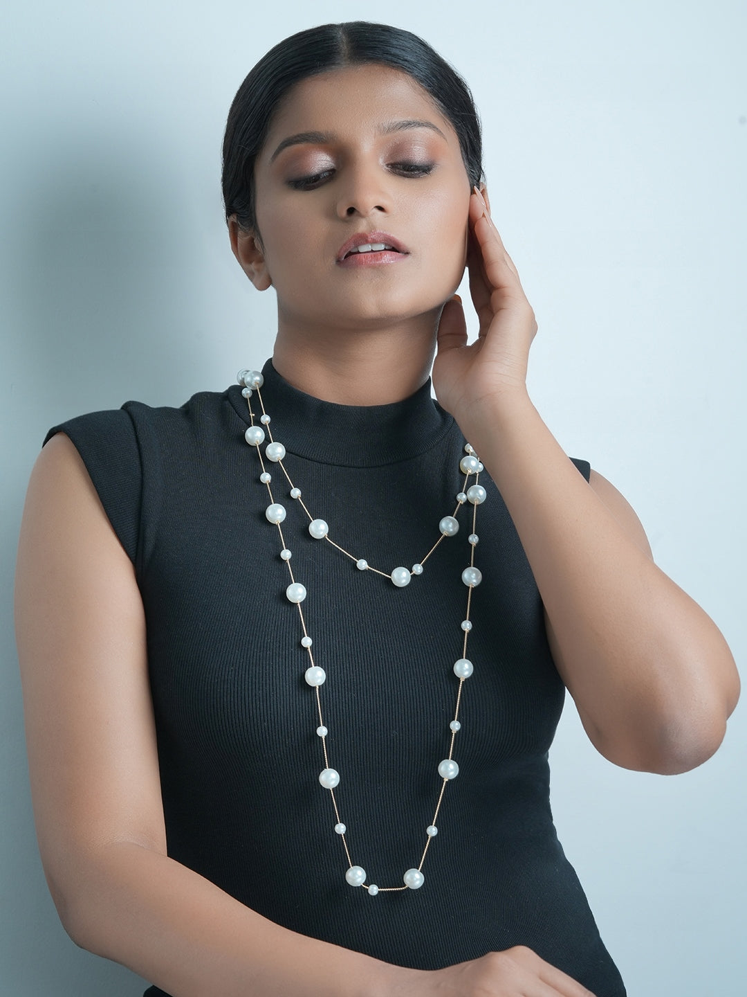 Iva Layered Long White Pearl Necklace