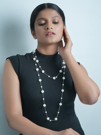 Iva Layered Long White Pearl Necklace
