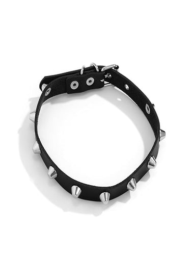 Black Faux Leather Metal Spike Choker Necklace