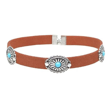 Brown Retro Metal Plated Suede Collar/Choker Necklace