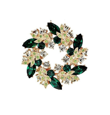 Mens Glitzy Floral Design Green Crystal Brooch