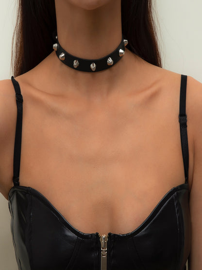 Black Faux Leather Metal Spike Choker Necklace