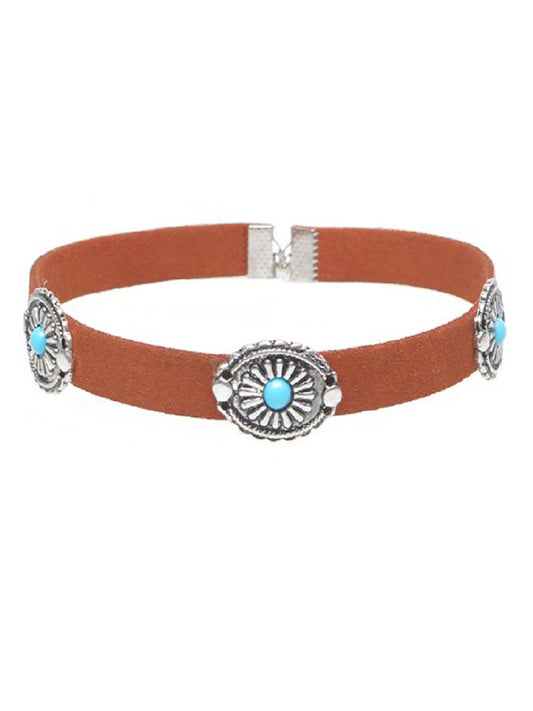 Brown Retro Metal Plated Suede Collar/Choker Necklace