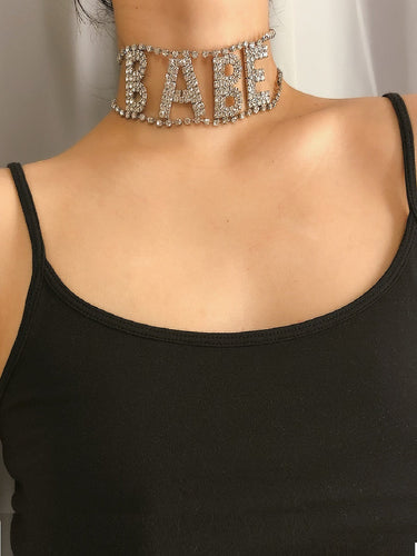 Babe Wide Collar Choker Necklace with Rhinestones
