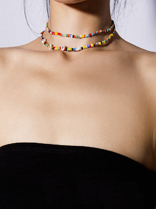 Rainbow Love 2 Layer Beaded Choker Necklace