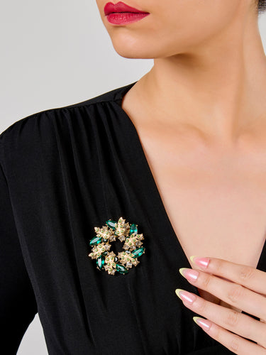 Glitzy Floral Design Green Crystal Brooch