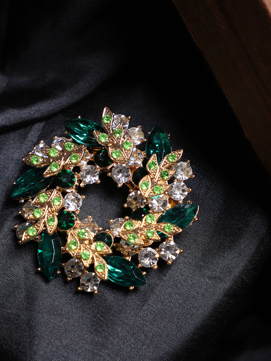 Glitzy Floral Design Green Crystal Brooch