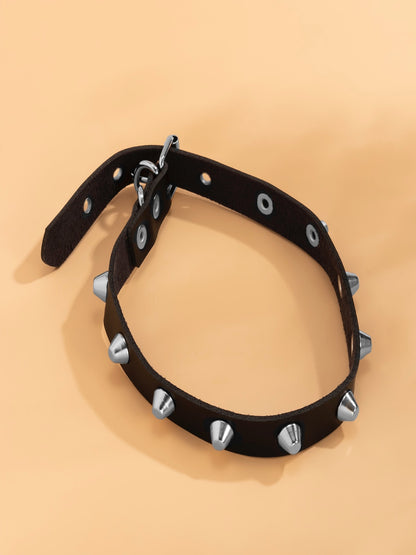 Black Faux Leather Metal Spike Choker Necklace