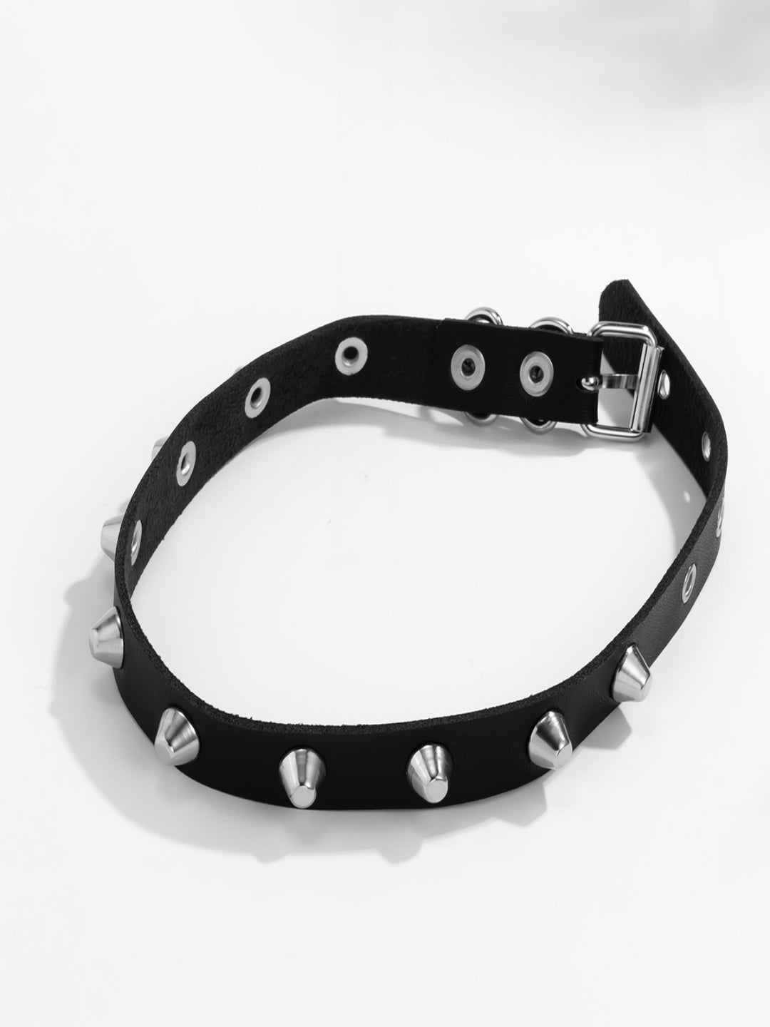 Black Faux Leather Metal Spike Choker Necklace