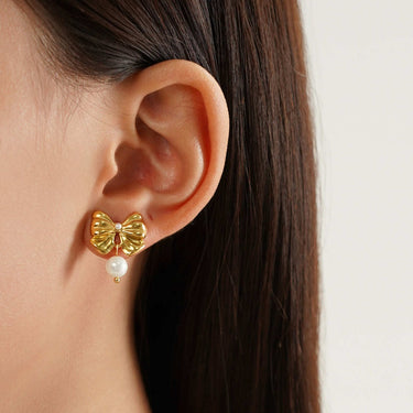 Saddie Bow Pearl Drop Earrings | 18K Plated