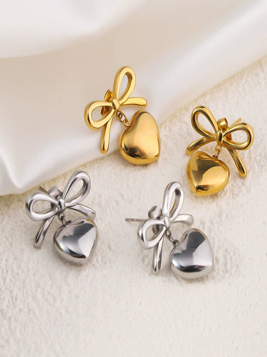 Bow Heart Drop Studs | 18K Plated