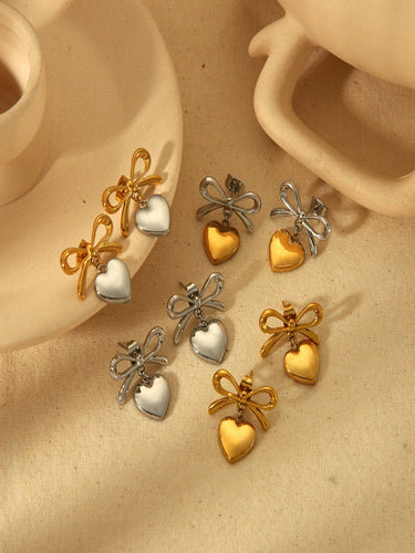 Two Tone Bow Heart Drops | 18K Plated
