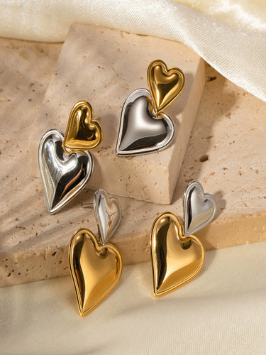 Two Tone Duo Heart Drop Studs | 18K Plated