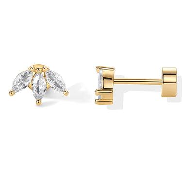 3 Leaf Zircon Flat Screw Studs | 14K Plated