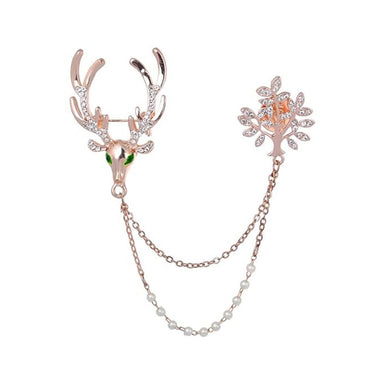 Mens Deer & Leaf Crystal with Pearl Double Chained Collar Pin/Brooch